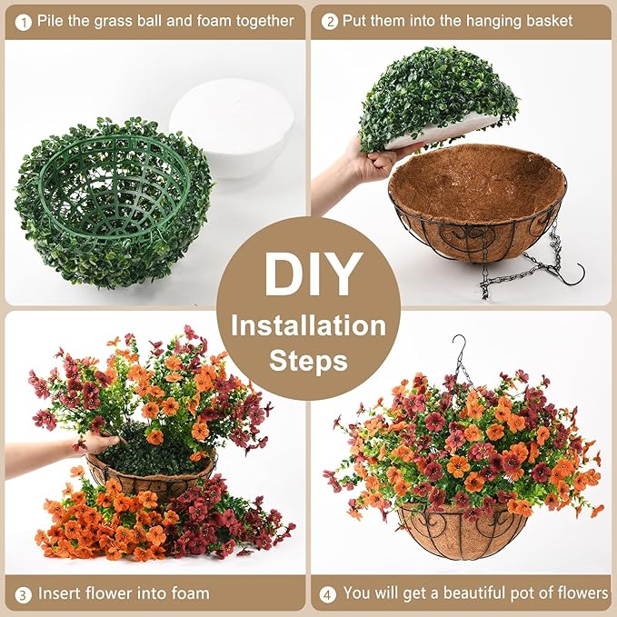 Artificial Fake Hanging Plants Flowers Basket, Faux Silk Daisy in Planter Realistic UV Resistant for Outside Home Patio Balcony Yard Spring Outdoor Decoration (Orange Brown)-VerdiqueGarden