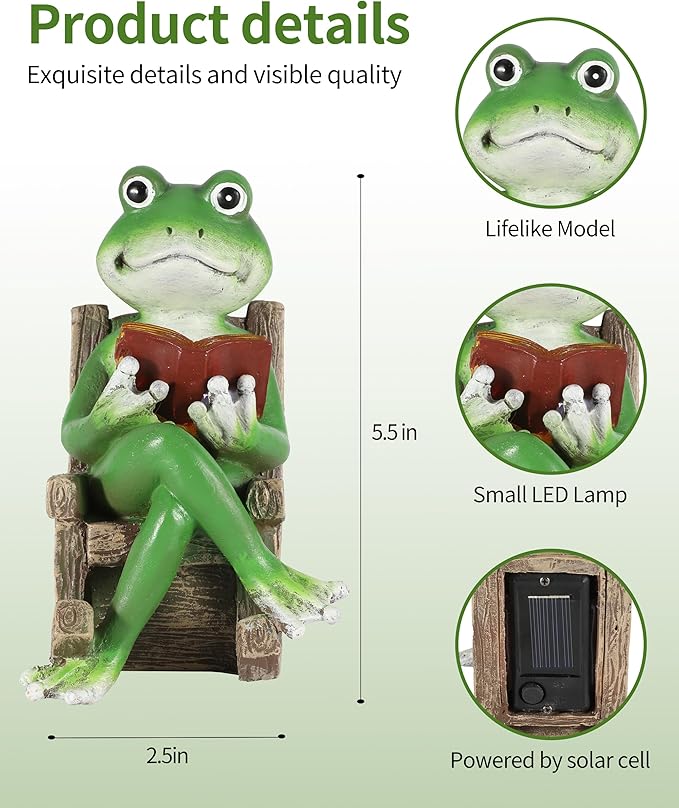 iStatue Miniature Solar Frog Reading Book Figurine Light - 5.5'' Resin Chair Statue Outdoor Table Decor for Lawn Ornaments, Patio, Yard & Garden and Home-VerdiqueGarden