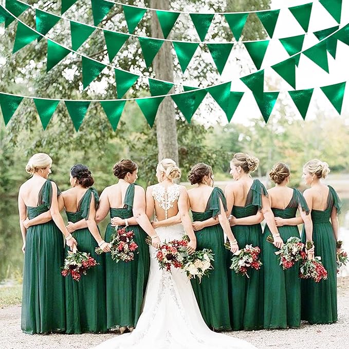 Green Party Decorations Triangle Pennant Banner Flag Dark Green Metallic Fabric Bunting Garland for Graduation Wedding Bridal Shower Birthday Baby Shower Holiday Retirement Game Party Supplies-VerdiqueGarden