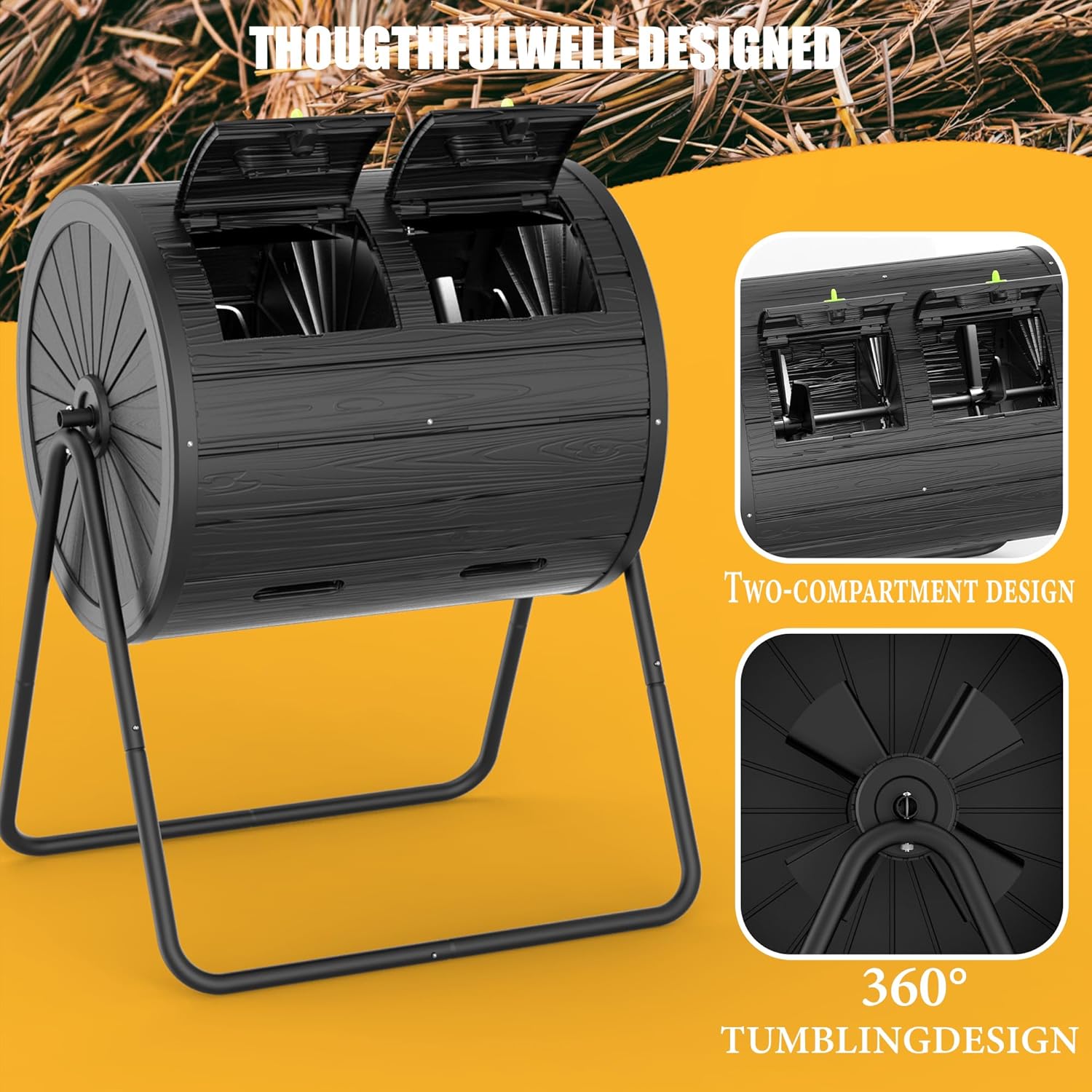 Dual-Chamber Outdoor Compost Tumbler, 37.5-Gallon Efficient Rotating Composter, UV-Resistant and Weatherproof, for Garden, Kitchen, and Yard (Black)-VerdiqueGarden