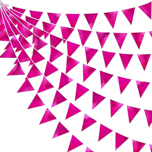 Hot Pink Party Decorations Triangle Pennant Banner Flag Rose Pink Metallic Fabric Bunting Garland for Birthday Bachelorette Wedding Bridal Shower Anniversary Flamingo Theme Party Supplies-VerdiqueGarden