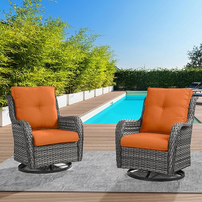 Outdoor Swivel Rcoker Wicker Chairs - Swivel Patio Chairs Set of 2 Patio Furniture Sets with Covered Cushion for Porch Deck Balcony Backyard, Orange Cushion-VerdiqueGarden