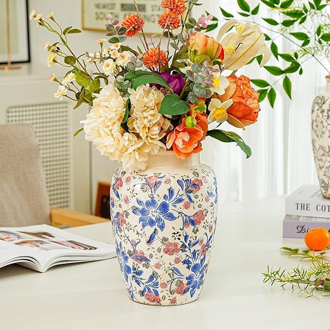 Sungmor Ceramic Flower Vase, Vintage Ice Cracked Glaze Porcelain Vase, Pretty Home Decor Vase for Flower Arrangement, Fresh Flowers, 10.2 Inch Tall Chinoiserie Pottery Vase, Blue Floral Pattern-VerdiqueGarden