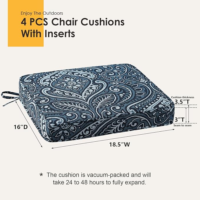 Outdoor Square Corner Seat Cushion, 18.5"x16"x3", Set of 4, Non Slip Seat Cushion Pads with Removable Cover for Patio Furniture, Garden Yard Lawn, Damask Vine-VerdiqueGarden