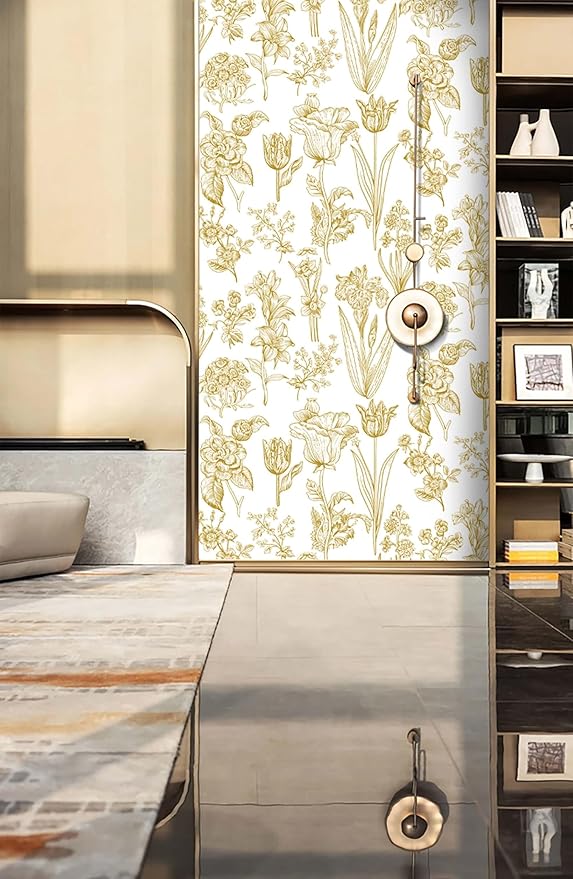 Dimoon 393"x17.3" Floral Wallpaper Peel and Stick Flowers Golden White Contact Paper Thicken Waterproof Modern Self Adhesive Plants Wallpaper Removable Wall Paper Shelf Vinyl Roll-VerdiqueGarden