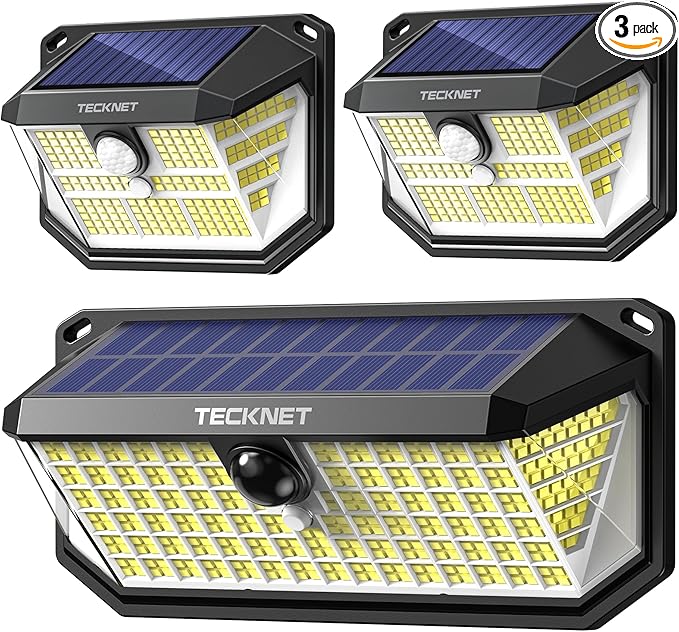 TECKNET Super Bright Solar Lights Outdoor 3 Pack, 2×231 LED and 1×416 LED, 300° Angle & 3 Lighting Modes Motion Sensor Outdoor Lights, Waterproof for for Fence Front Door Yard Deck Garden Garage-VerdiqueGarden