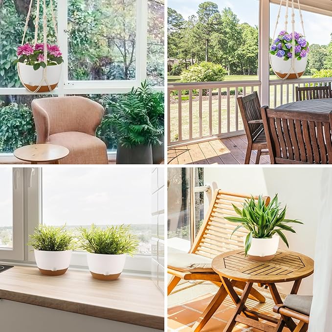 10 Inch Hanging Planter, 2 Pack Hanging Plant Self Watering Pot with Drainage Holes and Saucers, Hanging Baskets Flower Pots with Macrame Rope Hangers for Garden Home -White-VerdiqueGarden