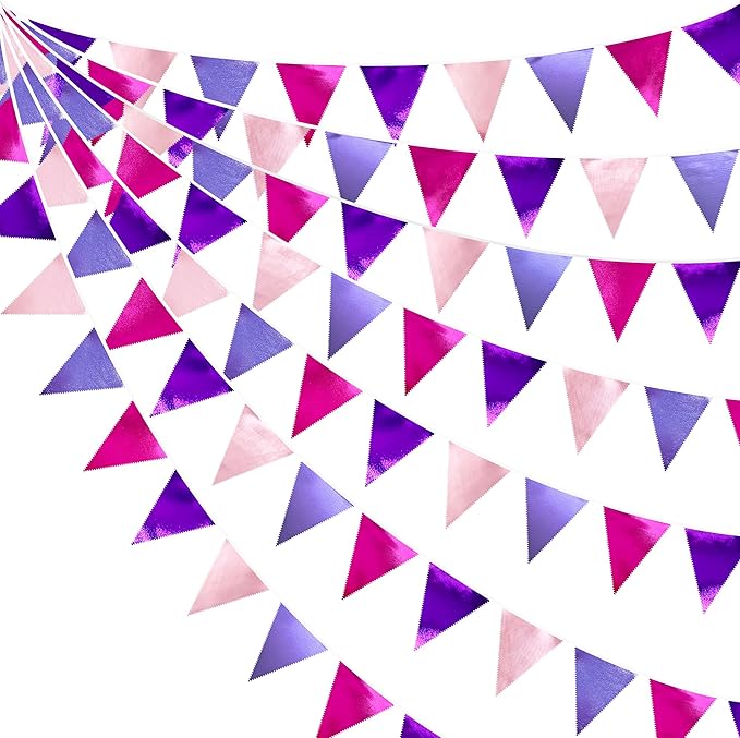 Pink and Purple Party Decorations Metallic Hot Pink Lavender Fabric Triangle Pennant Banner Flag Bunting Garland for Girls Women Birthday Wedding Baby Shower Bachelorette Engagement Party Supplies-VerdiqueGarden