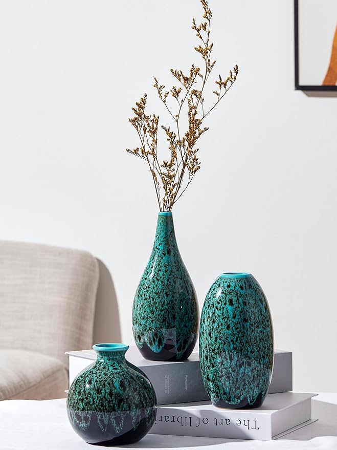 Ceramic Bud Vase Set, Fambe Blue Glazed Finish, Decorative Flower Vases (Blue-Set of 3)-VerdiqueGarden