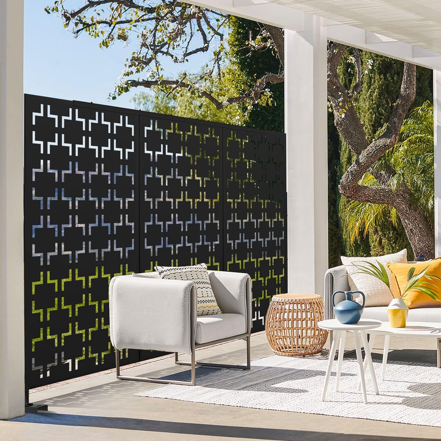 Metal Privacy Screen Outdoor 72" H×47" W,Freestanding Decorative Privacy Screen for Balcony Yard&Garden,Privacy Fence-Black&Square-VerdiqueGarden