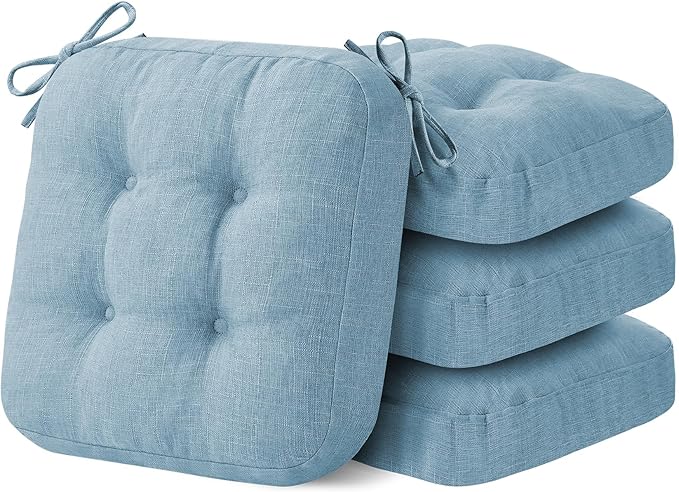 Chair Cushions for Dining Chairs, Dining Chair Cushions, Tufted Indoor Chair Pads with Ties & Non Slip Backing, Seat Cushions for Kitchen Chairs 16.5” x 16.5” x 3.5”, Set of 4, Light Blue-VerdiqueGarden