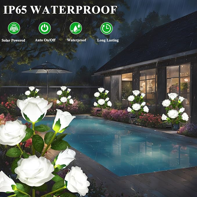 DWH 1 Pack Solar Garden Lights Outdoor, 7-Flower Rose Solar Lights for Yard, LED Solar Powered Stake Lights for Patio Pathway Lawn Fence Cemetery, White-VerdiqueGarden