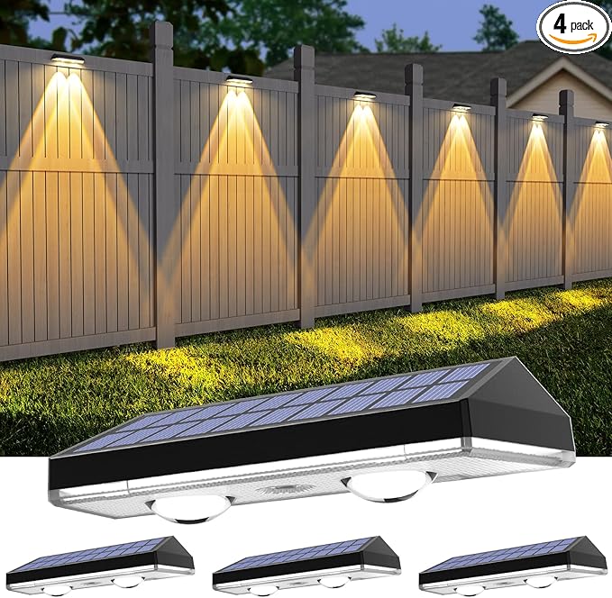 Solar Fence Lights ,Warm White & Cold White & Mixed Color 3 Modes Bright Lens LED Dusk to Dawn Deck Light, Fence Solar Lights Outdoor Waterproof,Solar Outdoor Lights for Backyard/Railing/Wall (4Pack)-VerdiqueGarden