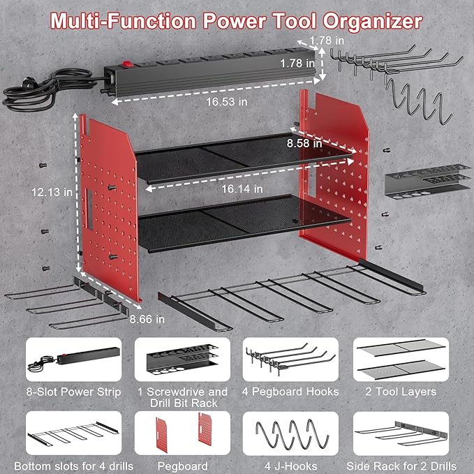 Power Tool Organizer with Charging Station, 6 Drill Holder Wall Mount, 3 Layer Garage Tool Organizer with Hooks, Screwdriver, Drill Bit Rack, Heavy Duty Utility Shelf for Garage, Gifts for Men-VerdiqueGarden