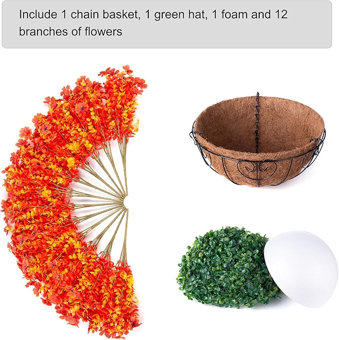 Artificial Fake Fall Autumn Hanging Mums Flowers Plants Basket for Outdoor Outside Decor, Faux Silk Orange Dasiy Flower Look Real UV Resistant for Porch Home Patio Garden Decoration-VerdiqueGarden