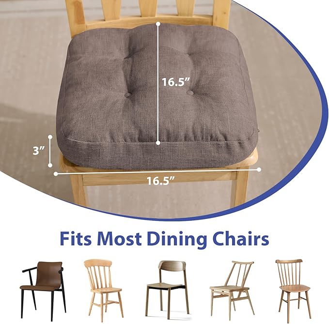 Chair Cushions for Dining Chairs, Dining Chair Cushions, Tufted Indoor Chair Pads with Ties & Non Slip Backing, Seat Cushions for Kitchen Chairs 16.5” x 16.5” x 3.5”, Set of 4, Light Brown-VerdiqueGarden
