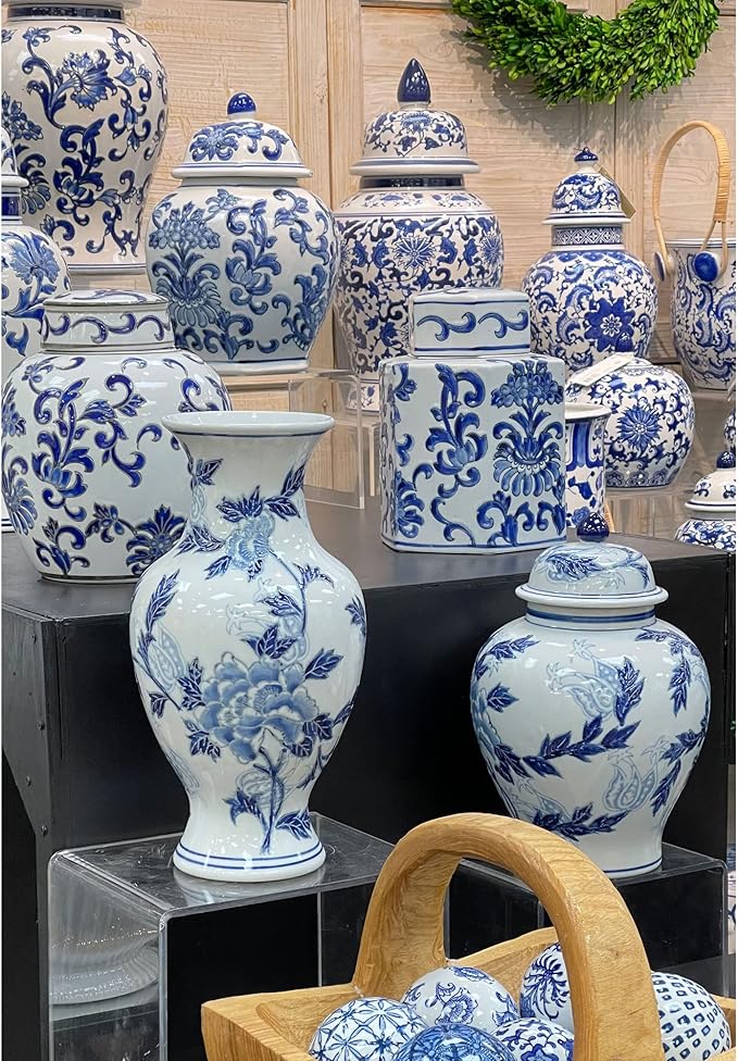 Galt International Blue and White Floral Chinoiserie Ceramic Vase 14" - Hand Painted Antique Style Porcelain Flower Bottle Fishtail Porcelain Chinese Vase for Home Decor Centerpiece-VerdiqueGarden