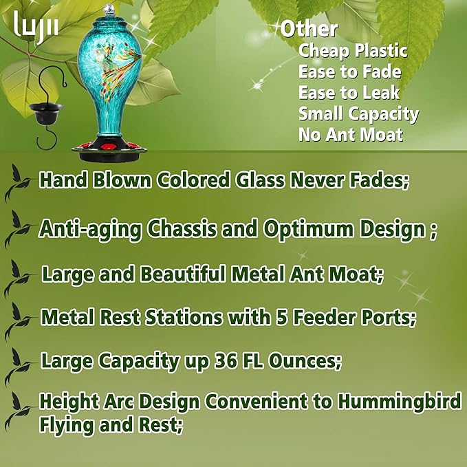 LUJII Hummingbird Feeder, Hand Blown Glass Hummingbird Feeder, Never Fade, 36 Fluid Ounces, 5 Feeding Metal Stations, Much Bigger, Garden Backyard Decorative, Containing Ant Moat (Blue)-VerdiqueGarden