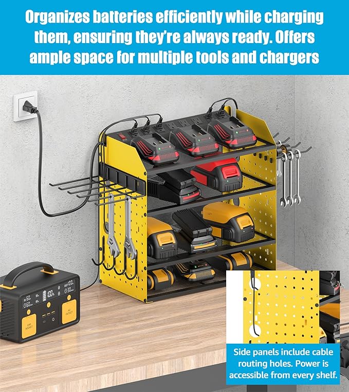 CCCEI Modular Desk Power Tools Organizer with Charging Station, 4 Layer Drills Battery Storage Wall Mount, Garage Shop Organization, Anniversary, Birthday, Gifts for Men, Father, Yellow, 6FT Cord.-VerdiqueGarden