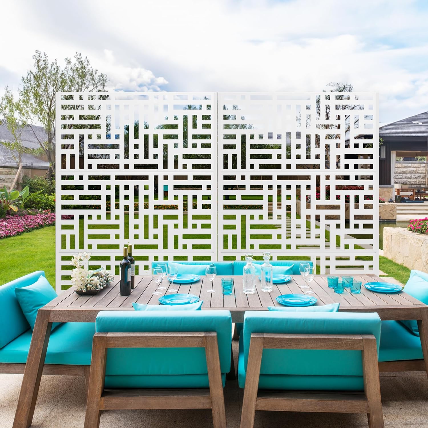 Metal Privacy Screen Outdoor 72" H×47" W,Freestanding Decorative Privacy Screen for Balcony Yard&Garden,Privacy Fence-White&Street-VerdiqueGarden