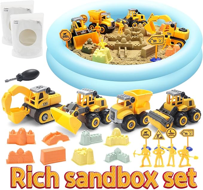 Play Construction Sand Kit,2.2lbs Magic Sand W/4 Large Take Apart Construction Trucks,1 Sandbox,8 Worker Figures and Road Signs,8 Molds,Toys for 2-8 Years Old Boys Girls-VerdiqueGarden
