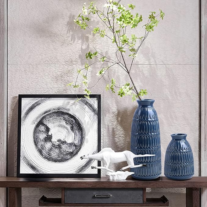 Yundu Navy Blue Ceramic Flower Vases for Home Decor Set of 3, Living Room Décor, Modern Farmhouse and Neutral Home Décor, Pmpas Grass Vase, Shelf, Mantle, Centerpieces Minimalist Décor-VerdiqueGarden