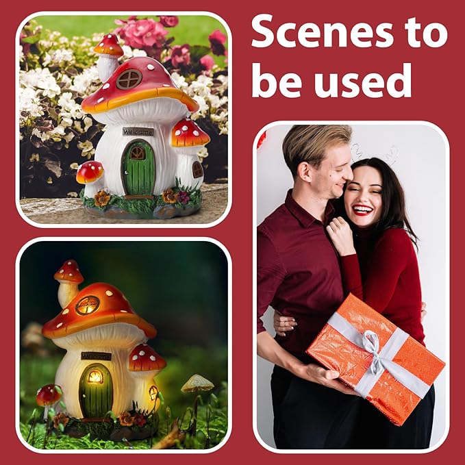 Mushroom House Garden Statue Outdoor, Solar Light Mushroom House Garden Figurines for Lawn, Balcony, Yard Decoration, Outdoor Garden Decoration-VerdiqueGarden