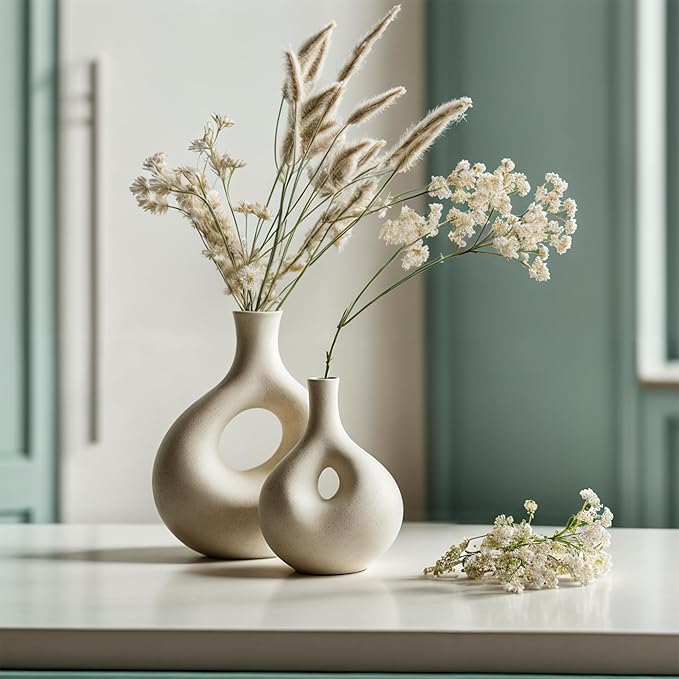 NOBULA White Ceramic Donut Vases – Modern Home Decor for Living Room, Bedroom & Table Centerpiece - Minimalist Nordic – Unique Vases for Olive Plant & Flowers – Decorative Coffee Table Vase Set of 2-VerdiqueGarden