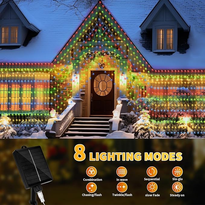 32.8 * 6.56FT Large Size Solar Curtain Lights Outdoor, 8 Modes String Icicle Lights, Garden Christmas Decortions for Patio, Gazebo, Eaves, Fence, Tree, Porch (Multicolor)-VerdiqueGarden
