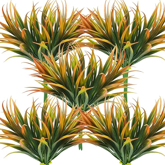32 Pcs Artificial Grass Fake Plants 17.3in Outdoor Plastic Plants UV Resistant Greenery Fake Grass for Home Window Garden Office Patio Hanging Planter Pathway Front Porch Décor Orange Yellow-VerdiqueGarden