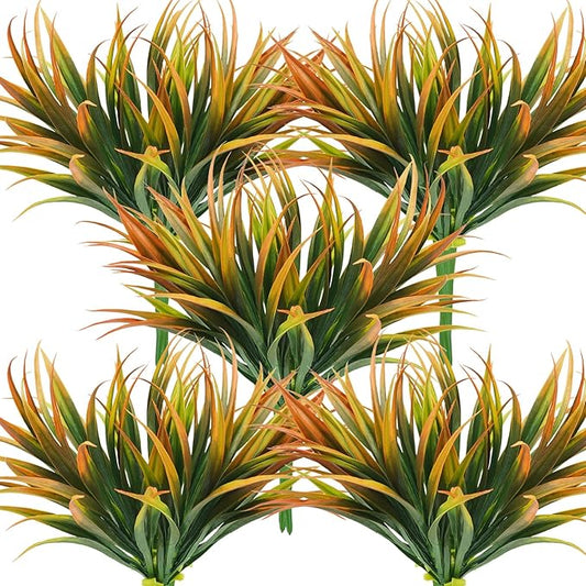 32 Pcs Artificial Grass Fake Plants 17.3in Outdoor Plastic Plants UV Resistant Greenery Fake Grass for Home Window Garden Office Patio Hanging Planter Pathway Front Porch Décor Orange Yellow-VerdiqueGarden