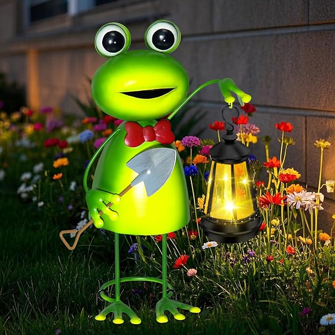 Solar Garden Lights Frog Statue with Solar Lantern lights,13.78in Frog Decoration Fairy Accessories,Birthday Gifts for Women Mom Grandma,Big Metal Decorative Stakes for Home decor,Patio,Porch,Yard Art-VerdiqueGarden
