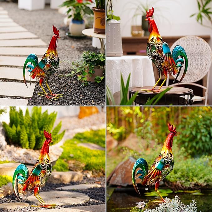 19 Inch Solar Rooster Statue Lights, Metal Yard Art Solar Rooster, Large Rooster Statue Colorful Lights for Garden Lawn Outdoor Decoration Gifts.-VerdiqueGarden