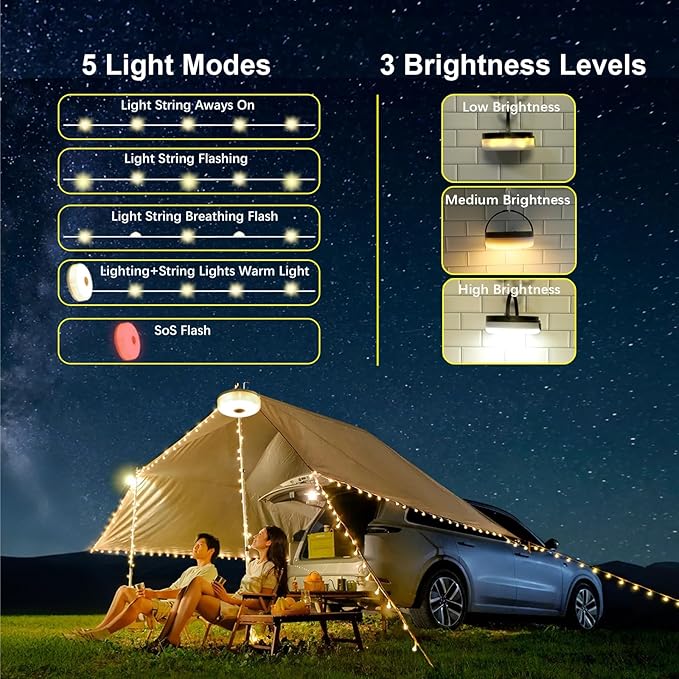 Solar Camping String Lights, 39.4FT Portable Waterproof Camping Light with 8 Lighting Modes, Solar Powered and USB Rechargeable Tent Lantern with Remote Control for Camping, Yard, Garden and Hiking-VerdiqueGarden