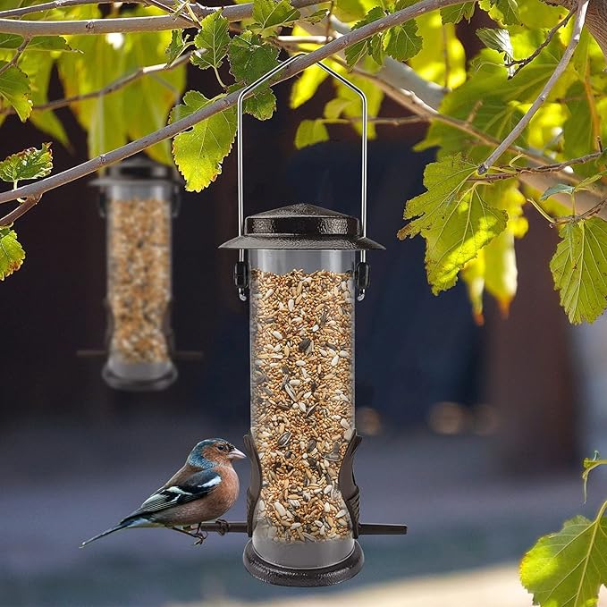 MIXXIDEA Wild Bird Feeders for Outdoors Hanging 2 Pack Stainless Steel Tube Bird Feeder, Water Resistant Finch Bird Feeder for Garden Backyard Decoration Attractive Metal Thistle Feeder (Coffee)-VerdiqueGarden