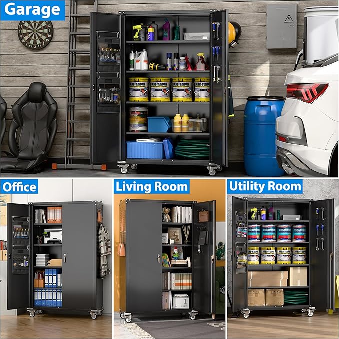 Upgraded Wide & Deep Extra Large Metal Storage Cabinet on Wheels,Lockable Garage Cabinets with 3 Pegboards,2 Tool Pouches for Garage,Office,Assembly Required,Black,43.3''W x 21.6''D x 72''H-VerdiqueGarden