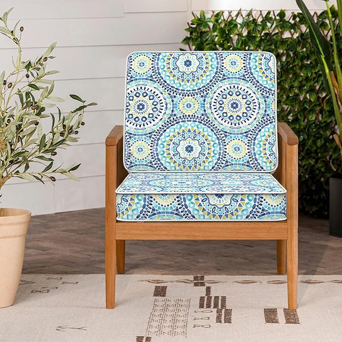 LVTXIII Patio Chair Cushions 22"x22"x3", Water-Repellent Outdoor Seat Cushions for Patio Furniture, Square Chair Pads with Ties for Home Garden Decoration, Set of 2, Delancey Lagoon-VerdiqueGarden