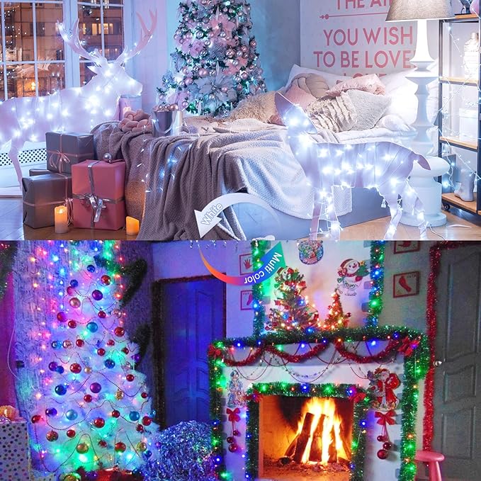 JMEXSUSS 100 LED Cool White & Multicolor Christmas Lights Indoor, Color Changing String Lights Plug in, 33ft Christmas String Lights Outdoor Waterproof for Xmas Tree Indoor Decor-VerdiqueGarden