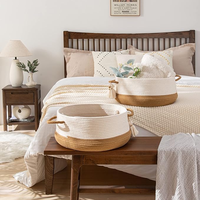 KAKAMAY Woven Baskets for Storage(16"x8"),Blanket Basket for Organizing Living Room,Cotton Rope Basket Woven Baby Laundry Hamper,Collapsible Laundry Room Organization,Clothes,Toy Chest(Brown)-VerdiqueGarden