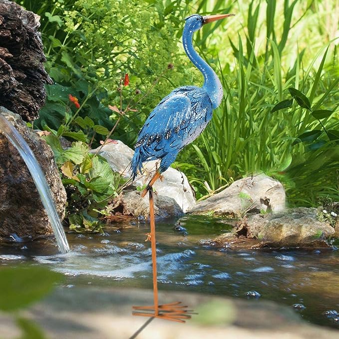 Nacome Large Standing Blue Metal Crane Garden Statue: Indoor Outdoor Heron Animal Sculpture for Patio Backyard Porch Yard Bird Art Lawn Decor - 36.6inch Gifts for Grandma Mom-VerdiqueGarden