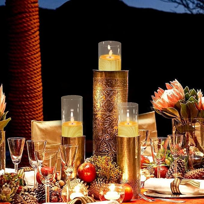 Battery Operated Candles with 6H Timer, 3 Pack Glass LED Flikcering Flameless Candles, Clear Pillar Candles with 3D Flame for Spring Wedding Home Bedroom Decor(Set of 3)-VerdiqueGarden