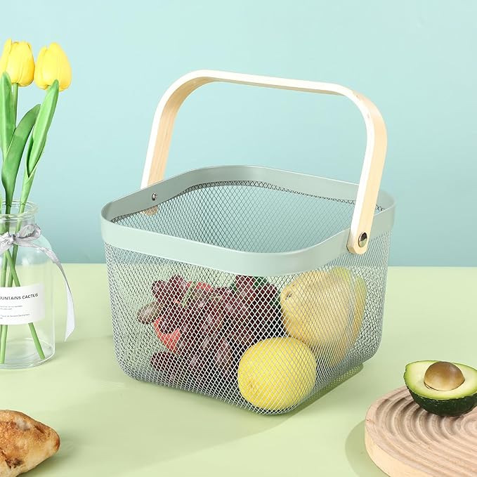 Metal Mesh Steel Basket, Storage Organizer Basket Multi-functional Hanging Kitchen Basket Fruit Basket Bin with Bamboo Handle, 9.84 x 10.2 x 7 inch, Mint Green-VerdiqueGarden