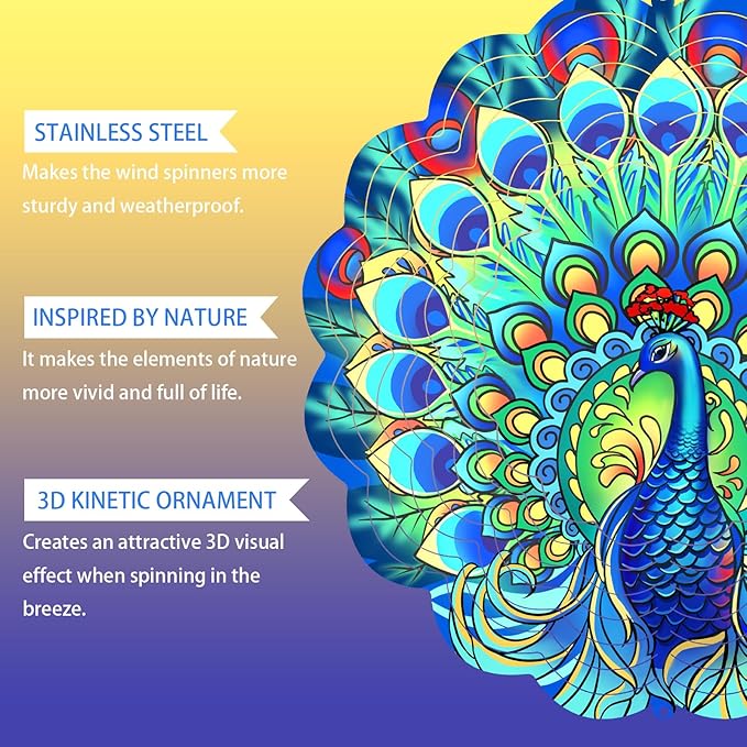 Peacock Wind Spinners Metal Peacock Gifts for Mom Women Grandma,12inch Hanging Wind Spinner for Outdoor&Indoor Decor Wind Kinetic Christmas Ornament Gifts for Yard Garden Decoration-VerdiqueGarden