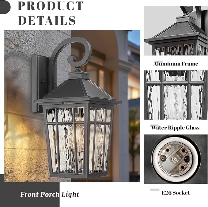 Outdoor Wall Lights 14 Inch Exterior Waterproof Lighting Fixtures Aluminum Material and Water Ripple Glass E26 Socket Black Outdoor Lights for House Garages-VerdiqueGarden