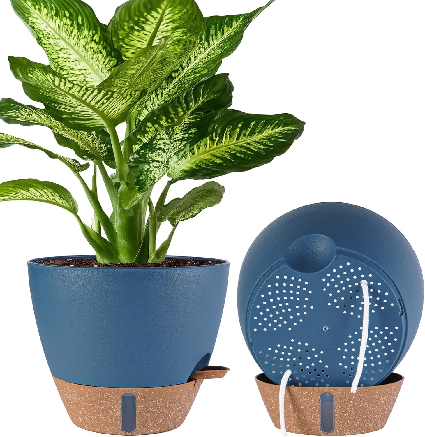 2 Pack 10 inch Plant Pots, Plastic Self Watering Planters with Drainage Holes, Deep Reservoir, Water Level Indicator, Modern Decorative Flower Pots for Indoor Outdoor Plants (Navy Blue, 10 inch)-VerdiqueGarden