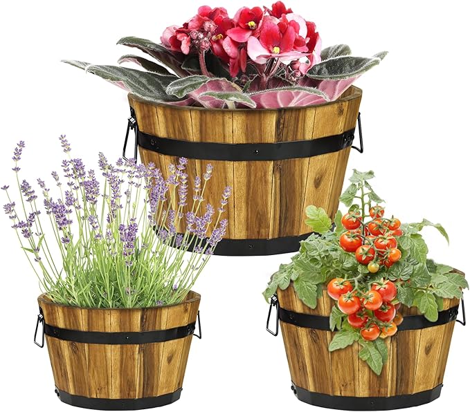 IDZO Set of 3 Wooden Flower Planters for Outdoor Plants, Acacia Wood Barrel Planters, Ergonomic Handles, Drainage Holes, Various Sizes, Golden Teak-VerdiqueGarden