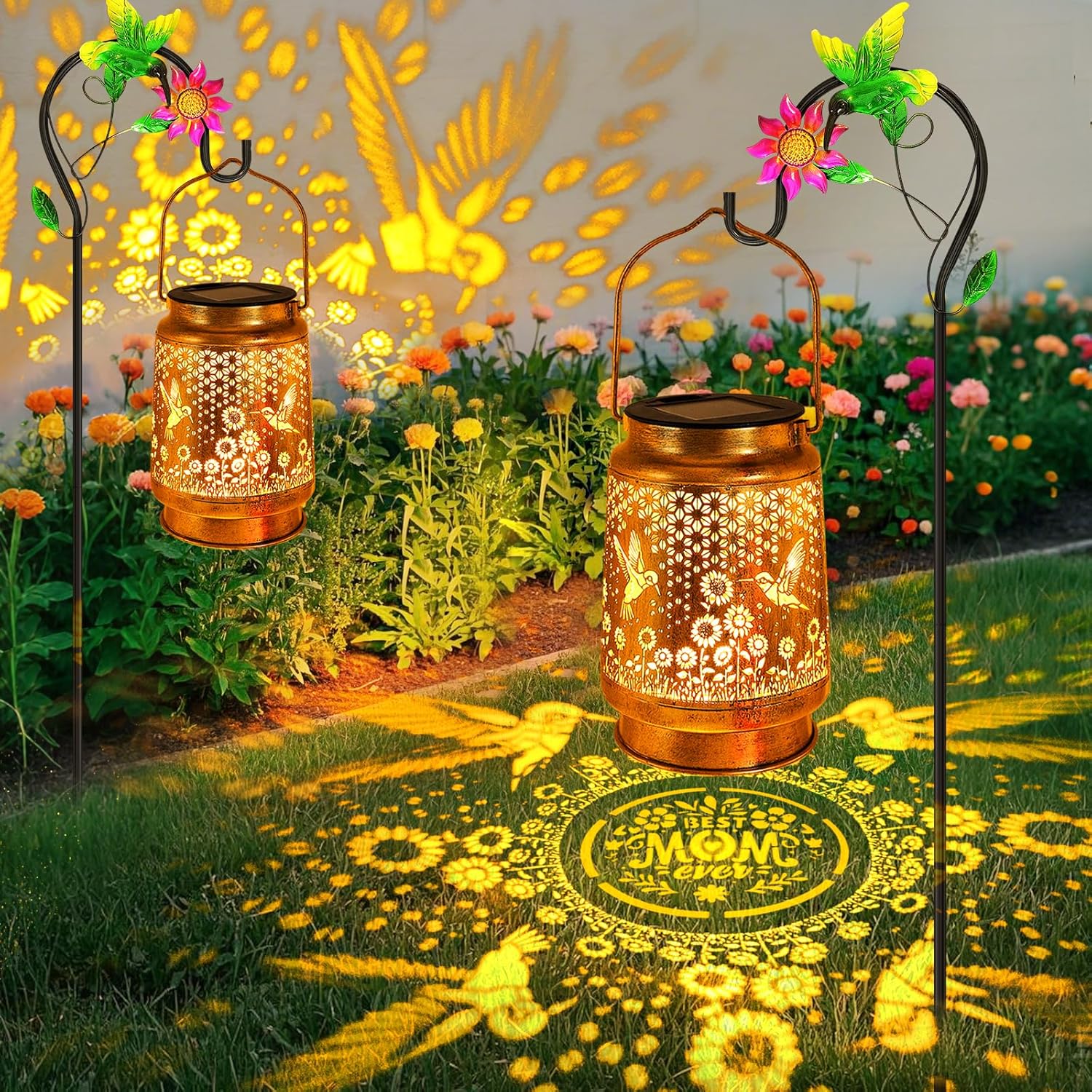 2 Pack Hummingbird Solar Lanterns Outdoor Garden Decor, Birthday Gifts for Women Mom Grandma Hanging Metal Solar Lights Waterproof LED Decoration with Shepherd Hook Outside for Yard Porch Lawn Patio-VerdiqueGarden