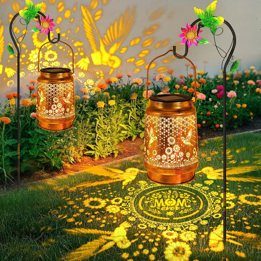 2 Pack Hummingbird Solar Lanterns Outdoor Garden Decor, Birthday Gifts for Women Mom Grandma Hanging Metal Solar Lights Waterproof LED Decoration with Shepherd Hook Outside for Yard Porch Lawn Patio-VerdiqueGarden