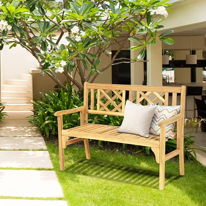Tangkula Folding Outdoor Wood Garden Bench, Foldable Acacia Wood Patio Bench with Wide Curved Armrest & Backrest, Outside 2-Person Loveseat Chair for Entryway, Yard, Deck, Balcony & Park-VerdiqueGarden