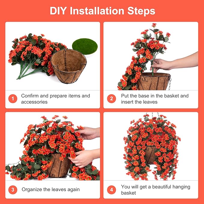 Hanging Baskets Artificial Flowers for Outdoor Interior Decor, Artificial Daisies Flowers Shrubs Plants with Baskets for Home Porch Garden Patio Patio Spring Summer Decor(Orange)-VerdiqueGarden